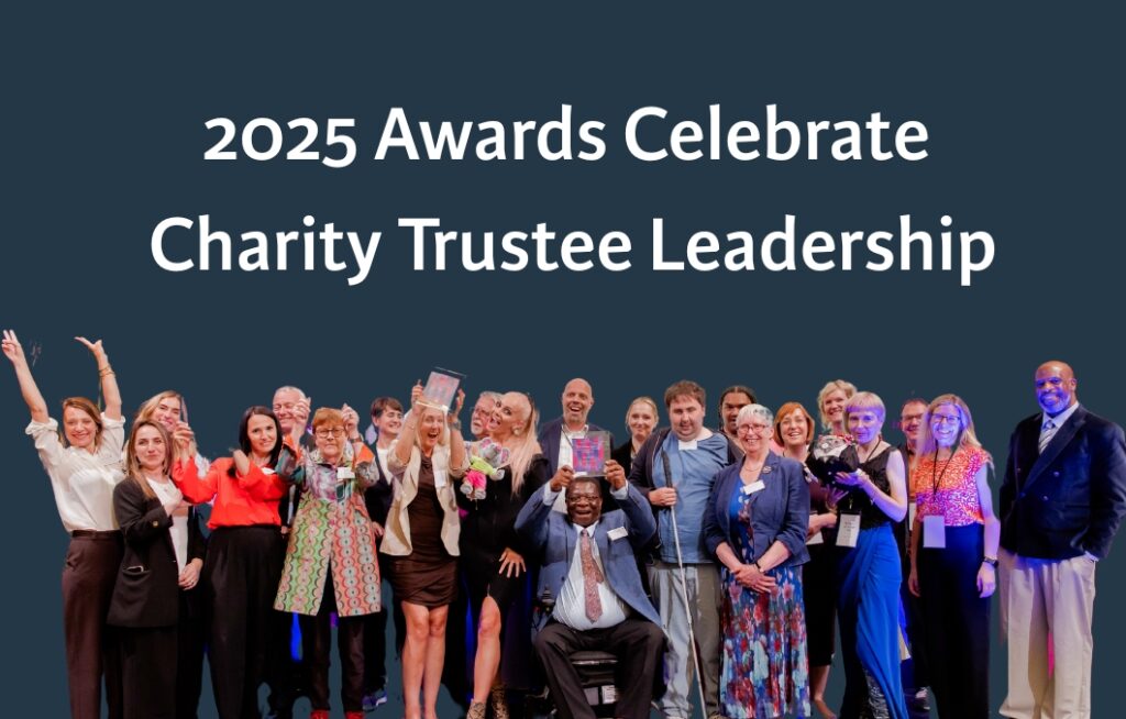 People with their arms in the air holding trophies and text above that says '2025 Awards Celebrate Charity Trustee Leadership'