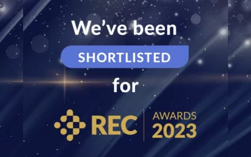 Dark blue background with sparkles. Text that says We've been shortlisted for REC Awards 2023