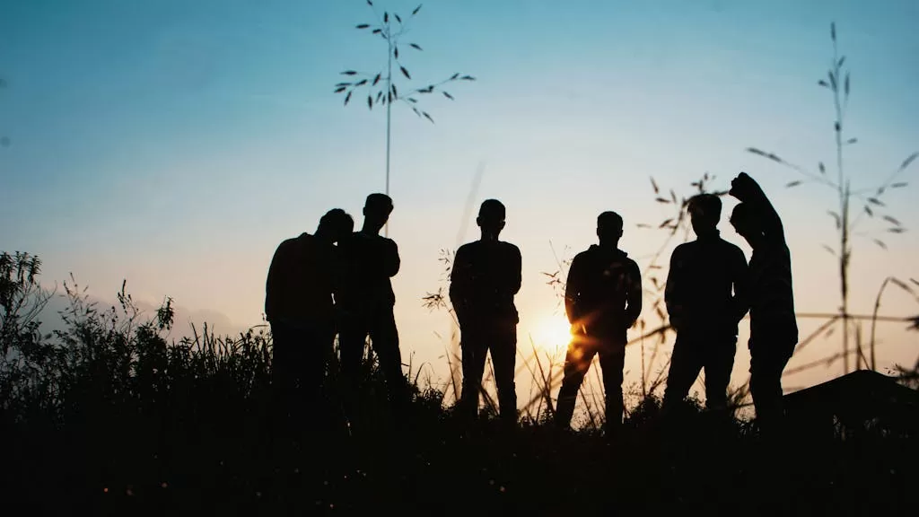 Silhouette Group of People Standing on Grass Field