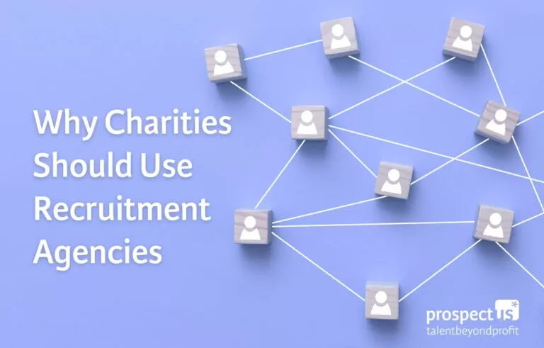 A network of interconnected wooden blocks with user icons, symbolising people, on a light blue background. White text reads 'Why Charities Should Use Recruitment Agencies.' 'Prospectus – talent beyond profit' logo appears in the bottom right corner.